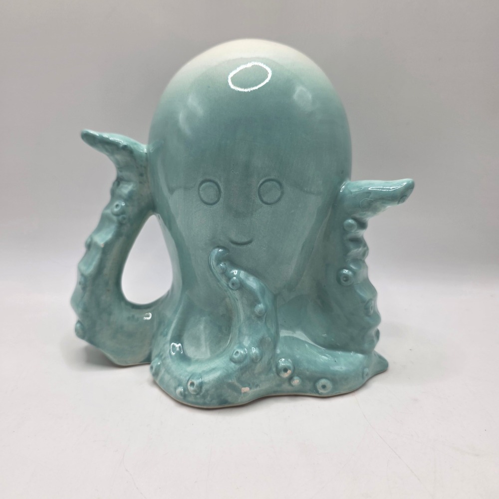 Blue Ceramic Octopus Figurine Teal Ombre Glossy Glaze Coastal Nautical Art